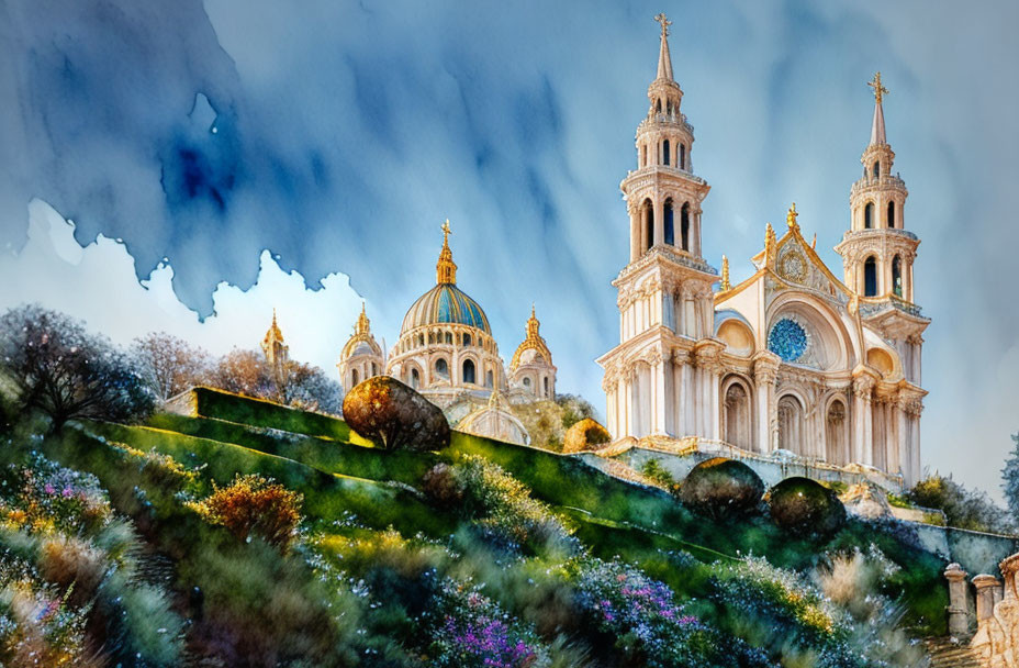 Watercolor illustration of grand cathedral on flower-speckled hill