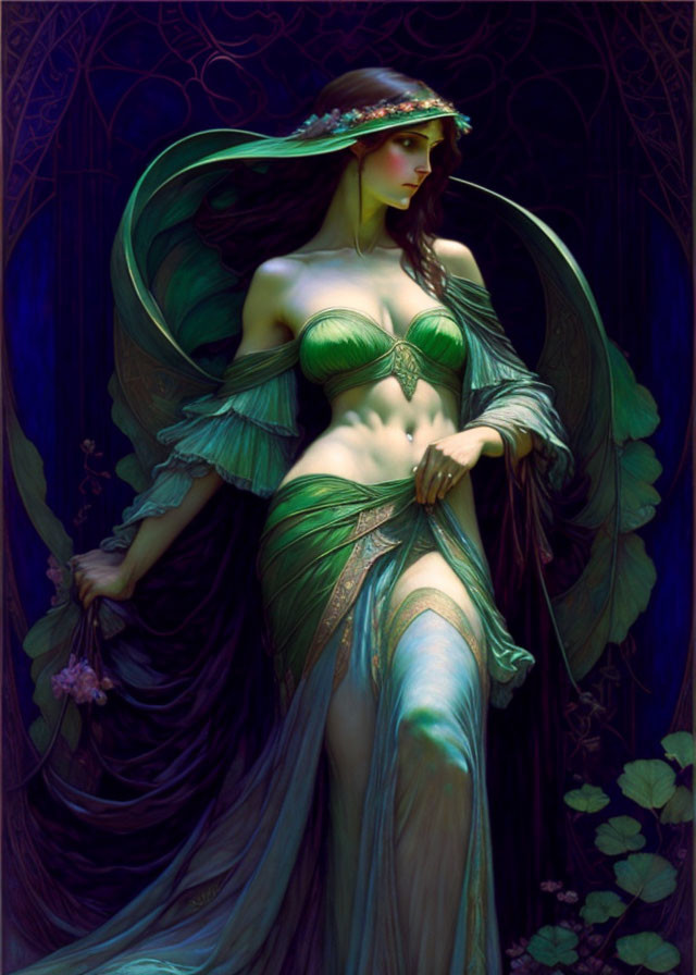 Ethereal figure with auburn hair and green diadem in teal garments among lush foliage