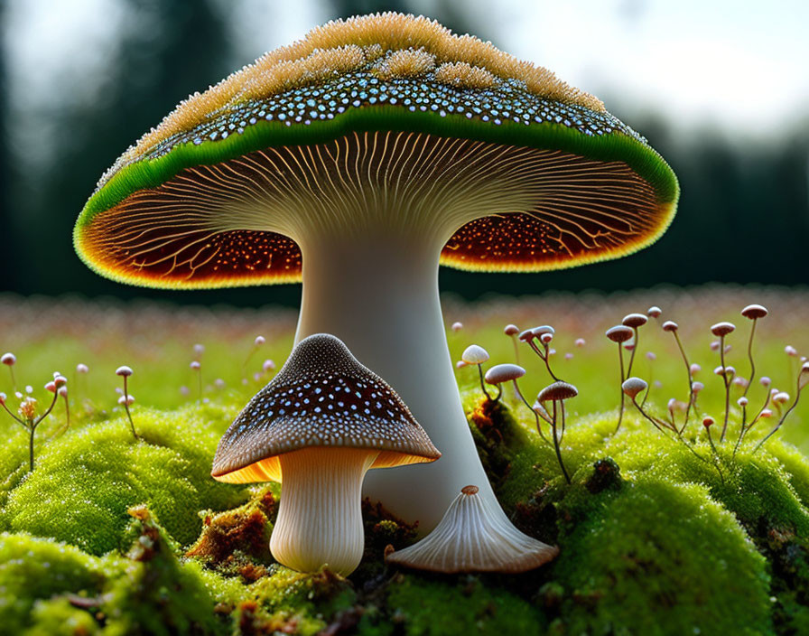 Fantastical mushrooms with dotted caps on moss-covered ground