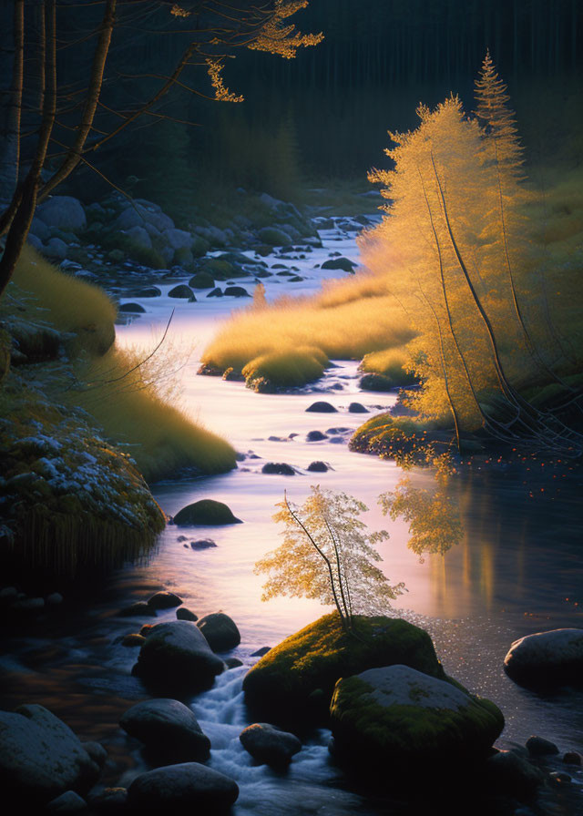 Golden Light Illuminates Serene Forest River