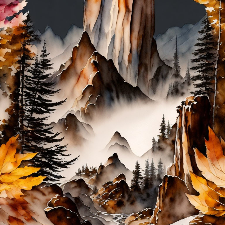 Misty mountain watercolor landscape in autumnal hues