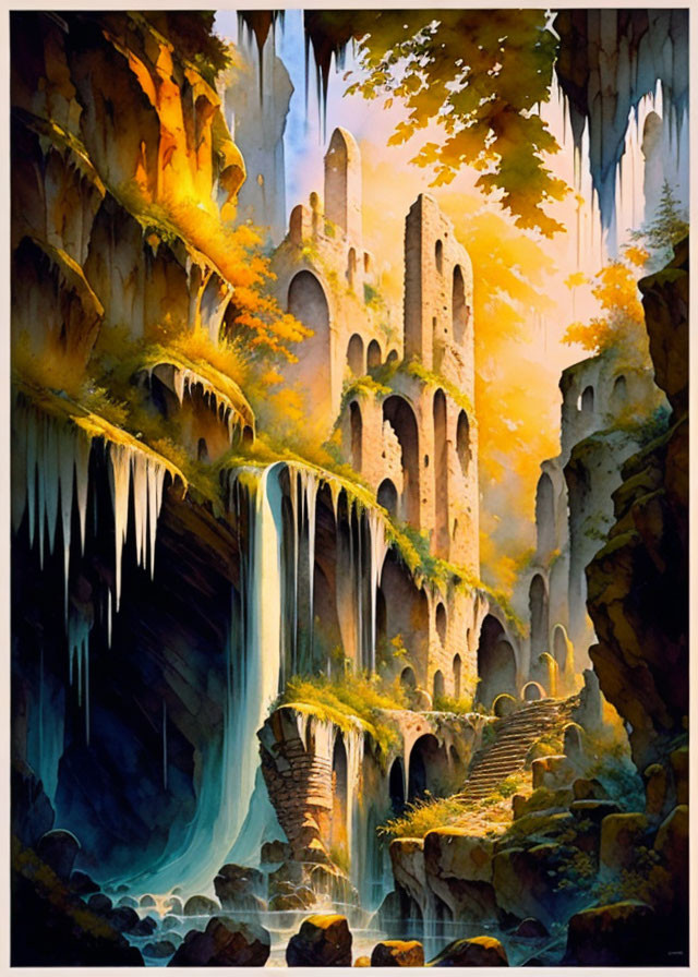 Fantasy landscape: waterfall, ruined castle, autumn trees, sunlight, icicles