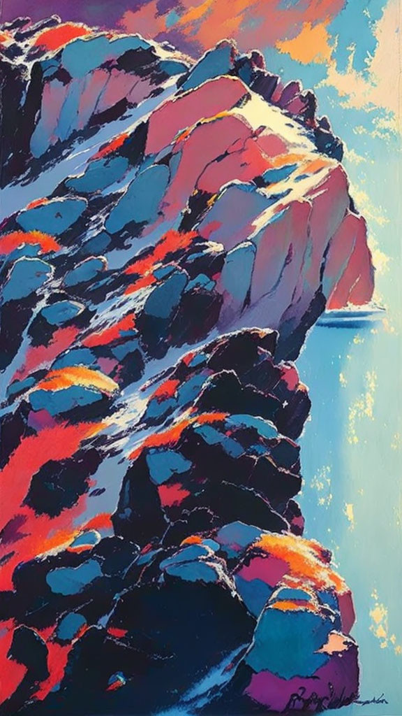 Colorful abstract painting of a rocky cliff at sunrise or sunset