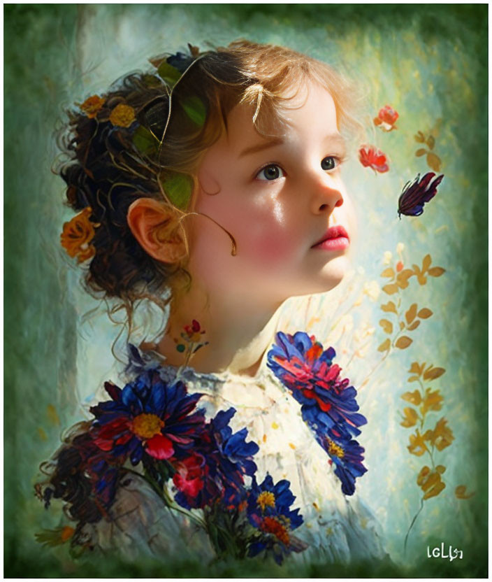 Young child with angelic features surrounded by colorful flowers in impressionistic style