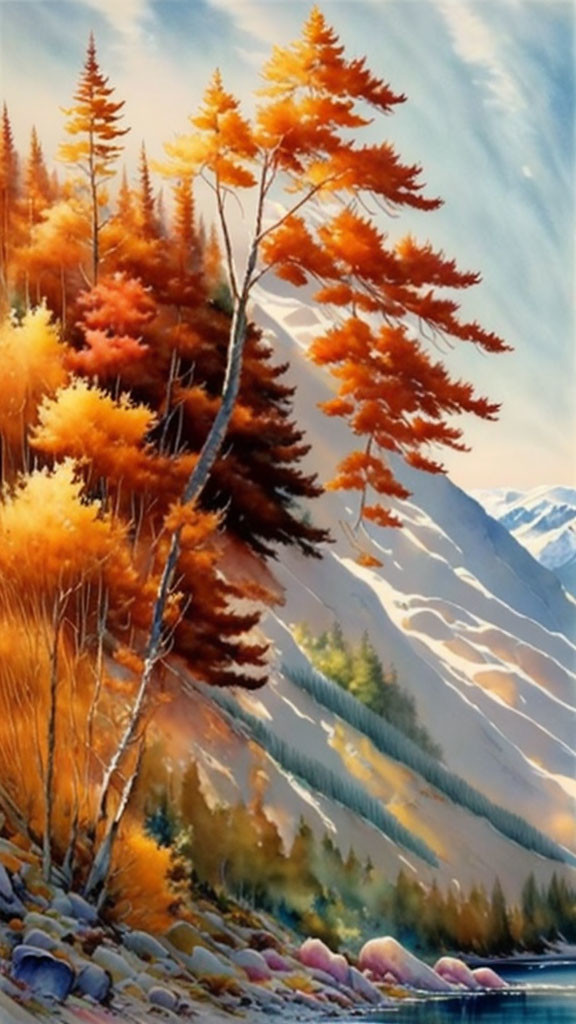 Vibrant orange trees by calm river, snow-capped mountains