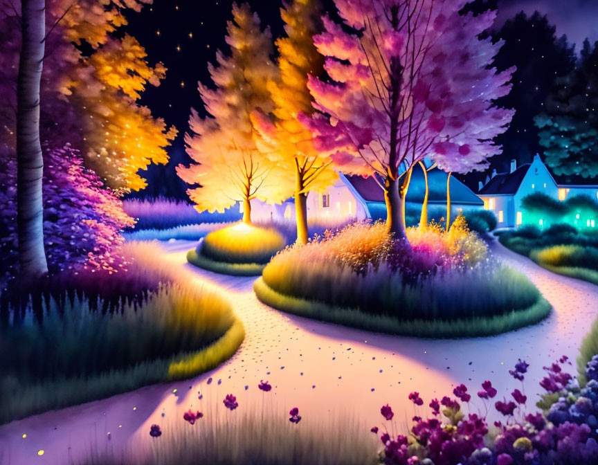 Colorful illuminated trees and starlit sky in vibrant night scene