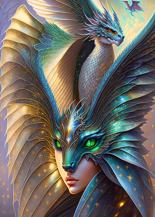 Digital illustration of humanoid with dragon features and wings, with blue dragon.