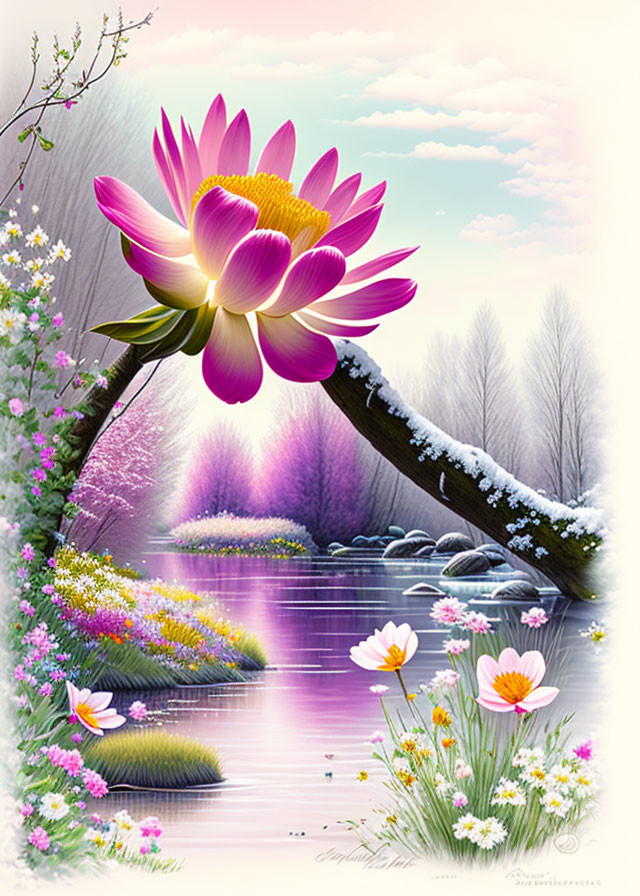 Large Lotus Flower Artwork Over River with Blossoming Trees