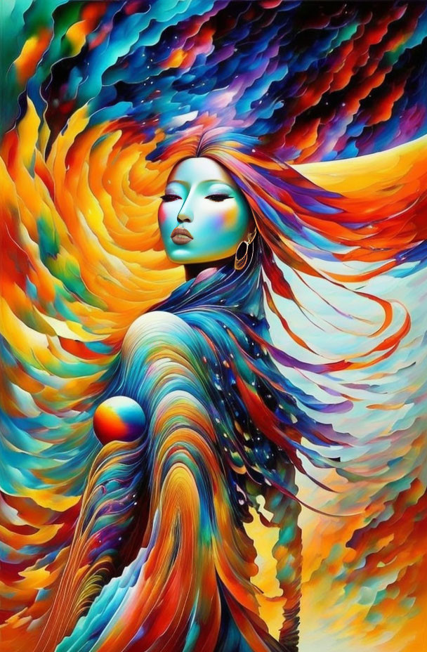 Colorful Abstract Art: Woman with Flowing Hair on Psychedelic Background