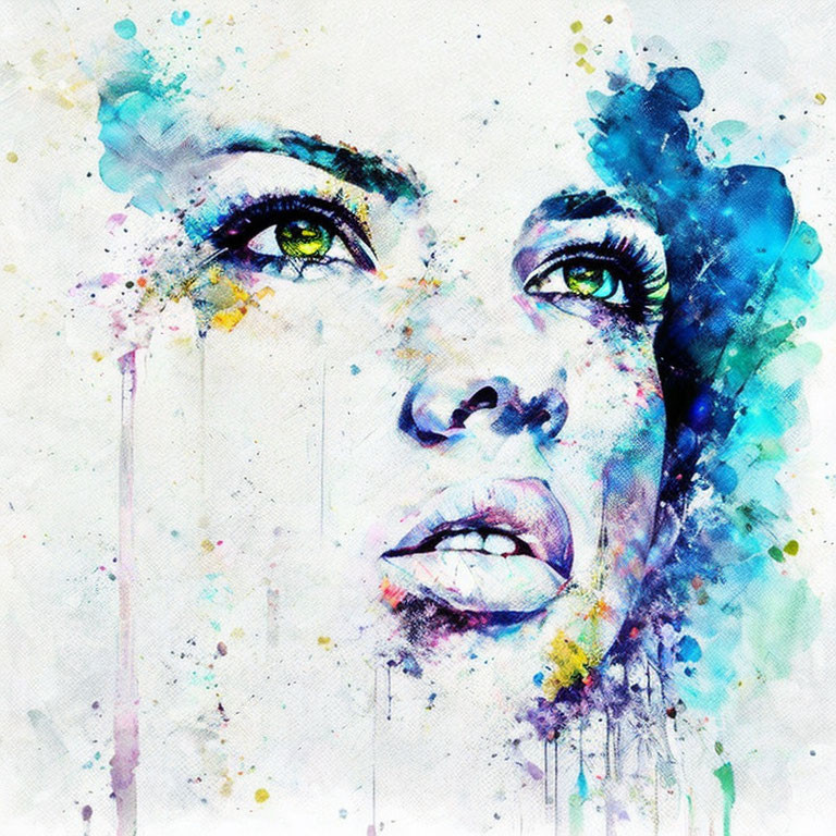 Colorful Watercolor Painting of Woman's Face with Blue and Green Hues