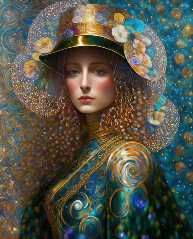 Digital portrait of woman in golden outfit with swirling patterns and wide-brimmed hat against starry blue