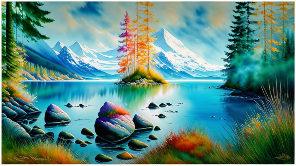 Scenic landscape painting: tranquil lake, colorful trees, snow-capped mountains