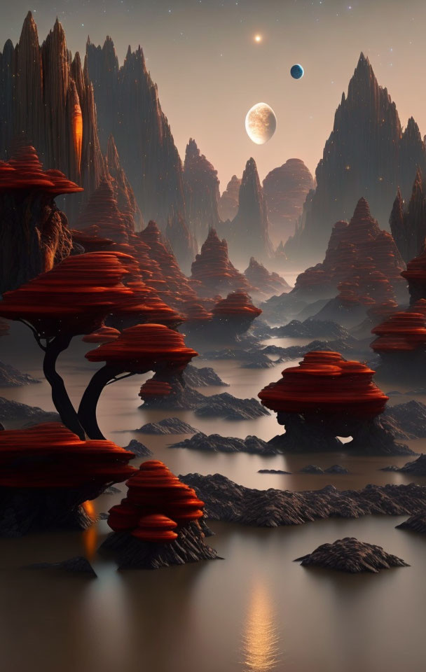 Fantasy landscape with rock formations, mushroom trees, lake, and twilight sky