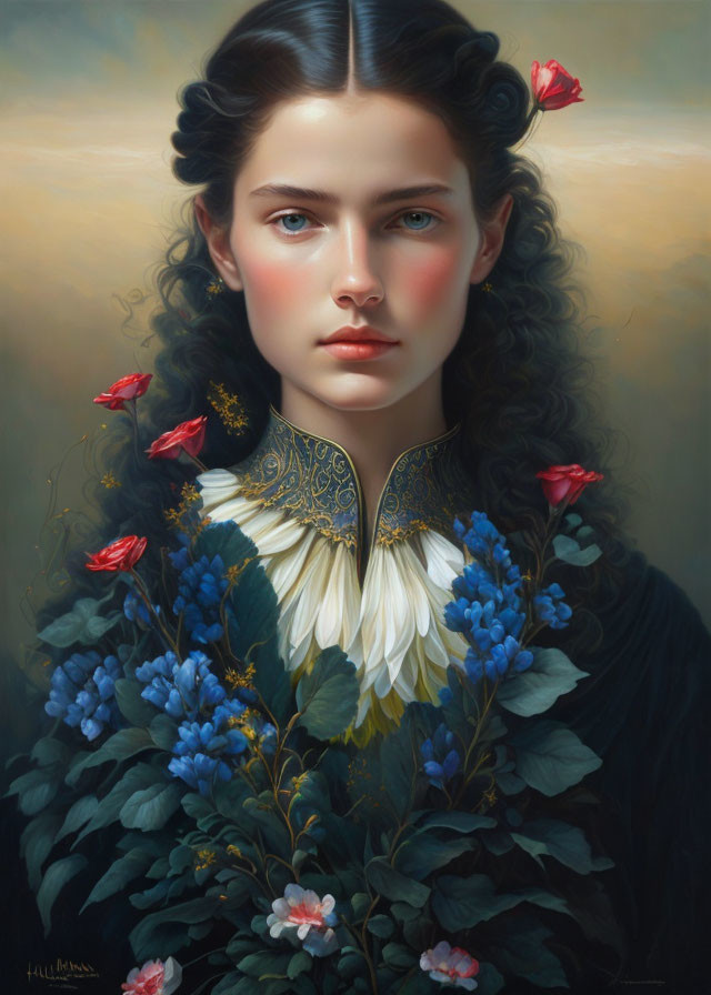 Portrait of woman with blue eyes amidst floral surroundings and adorned with roses and feathered collar.