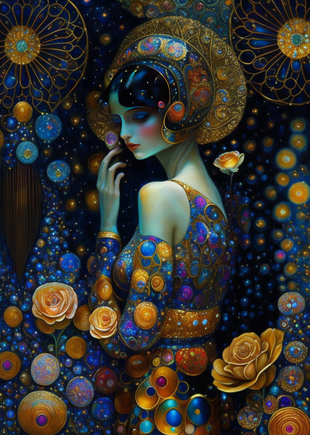 Illustrated woman adorned with gold patterns contemplates rose in cosmic backdrop.