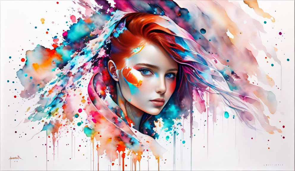 Colorful Watercolor Artwork of Woman with Red Hair and Blue Eyes