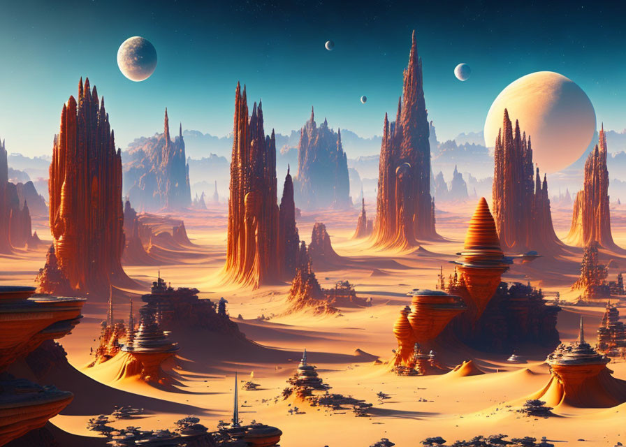 Sci-fi desert landscape with towering rock formations and multiple moons in warm colors