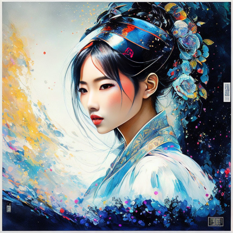 Colorful East Asian attire woman in vibrant abstract art