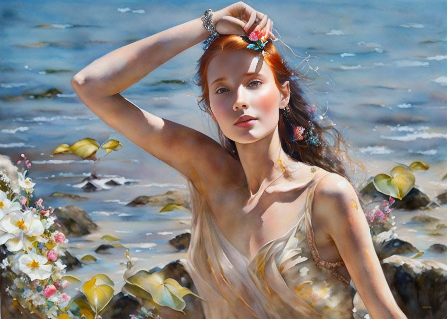 Red-haired woman in flowing dress at seaside with butterflies and flowers, serene and ethereal vibe.