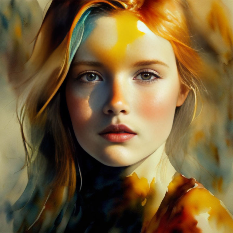 Portrait of Young Woman with Captivating Eyes in Autumnal Colors