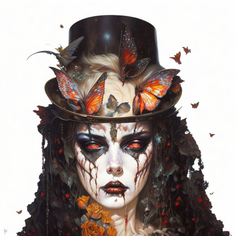 Surreal portrait of person with gothic makeup, top hat, butterflies, and roses