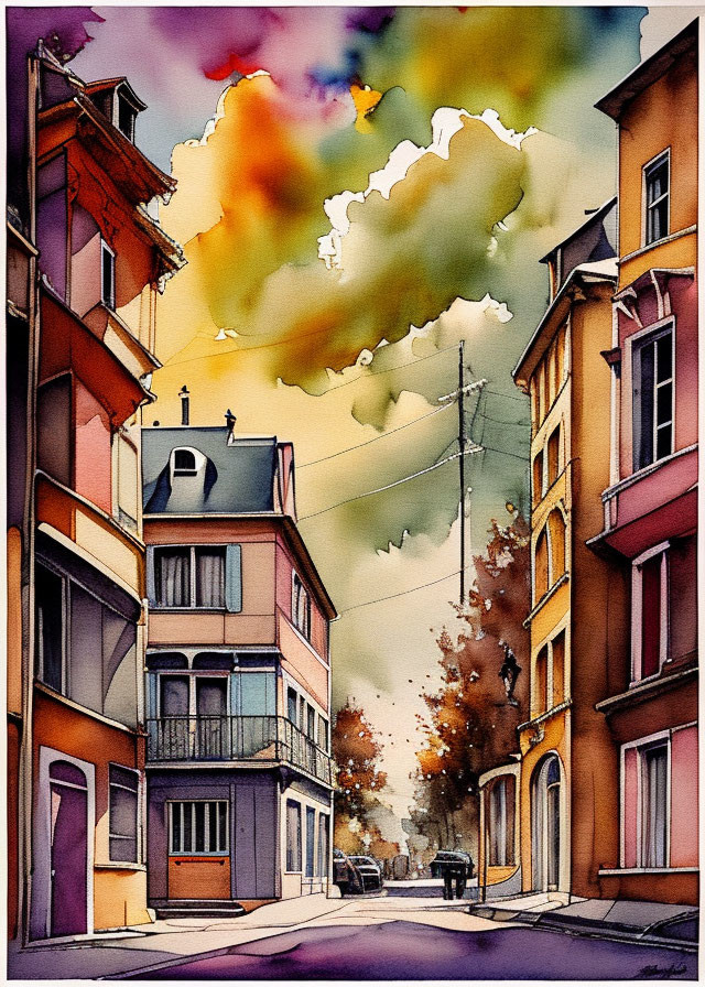 Colorful Watercolor Painting of Urban Street and Sky