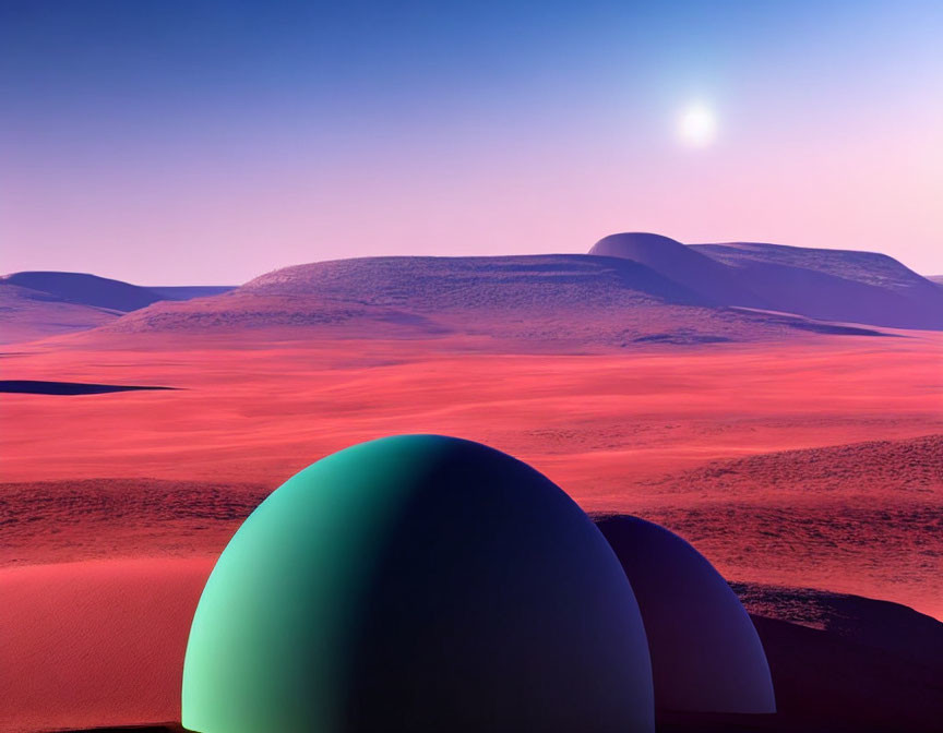 Colorful domes in surreal landscape under purple sky