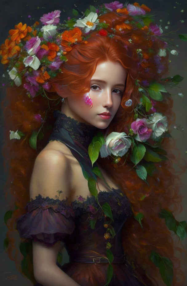 Woman with Long Red Hair Surrounded by Colorful Flowers in Dark Off-Shoulder Dress