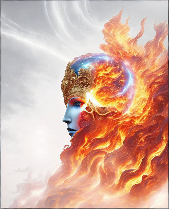 Surreal face with fiery mane in cosmic setting and golden headpiece