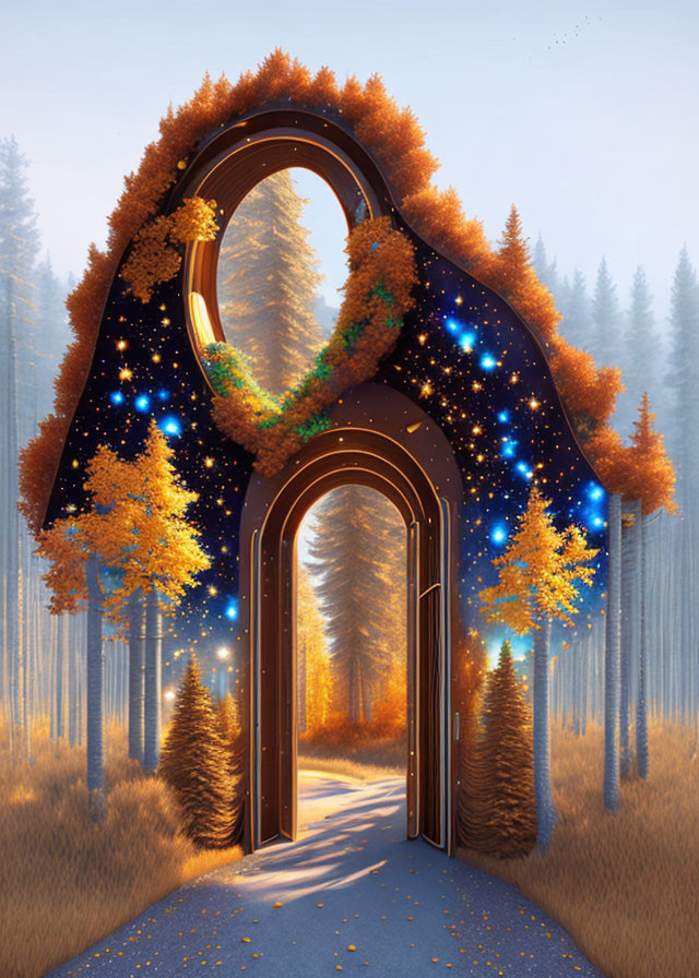 Surreal forest pathway blending starry night sky and daytime scene