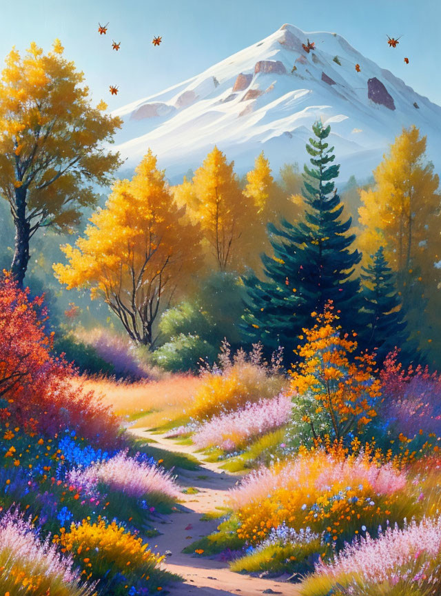 Colorful autumn landscape with snow-capped mountain and scenic path