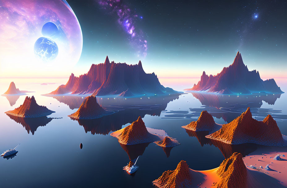 Alien landscape with mountains, waters, boats, and planet.