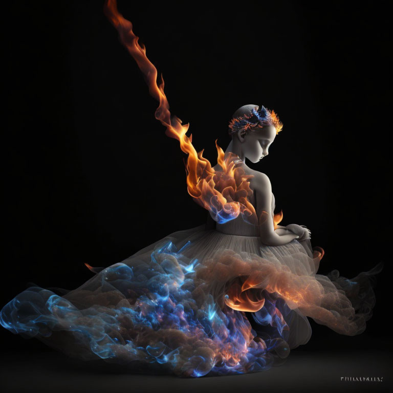 Digital Artwork: Balletic Figure in Blue and Orange Flames