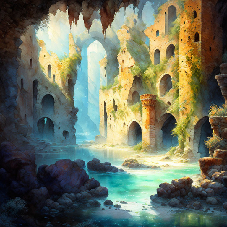 Fantasy cavern with turquoise waters, ancient ruins, and lush greenery