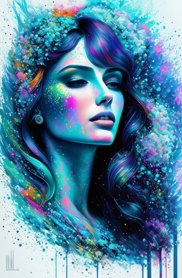 Colorful cosmic digital artwork of a woman with floral hair on cool background