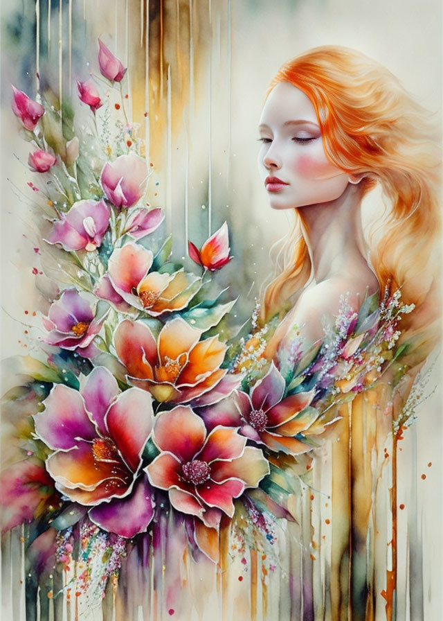 Surreal painting of woman with red hair and vibrant flowers