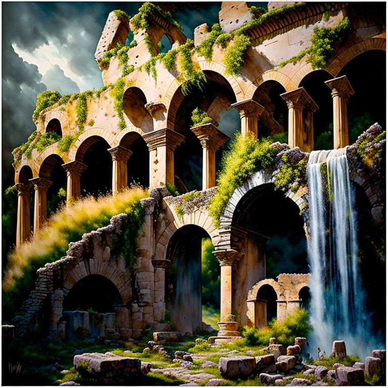 Ancient arches with greenery by waterfall under cloudy sky