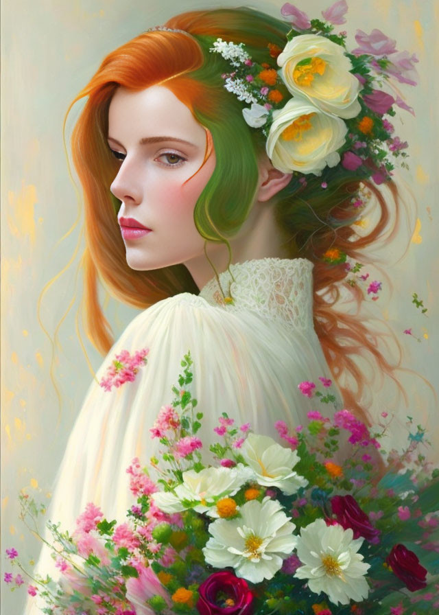 Portrait of woman with red hair and floral arrangement in white, yellow, and pink