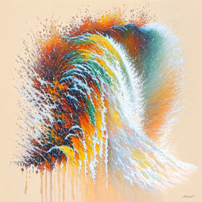 Colorful Abstract Painting of Wave in Blue, Orange, Yellow & White