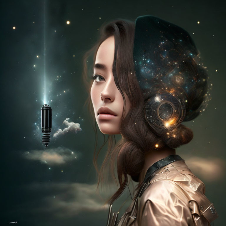 Surreal portrait of woman with galaxy headpiece and space-themed outfit