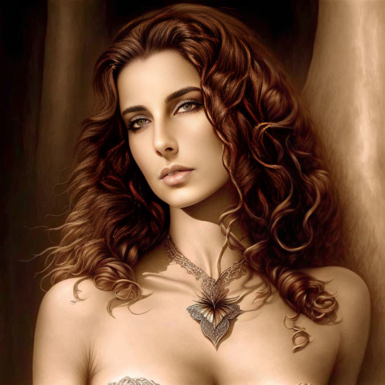 Digital Artwork: Woman with Auburn Hair and Butterfly Necklace