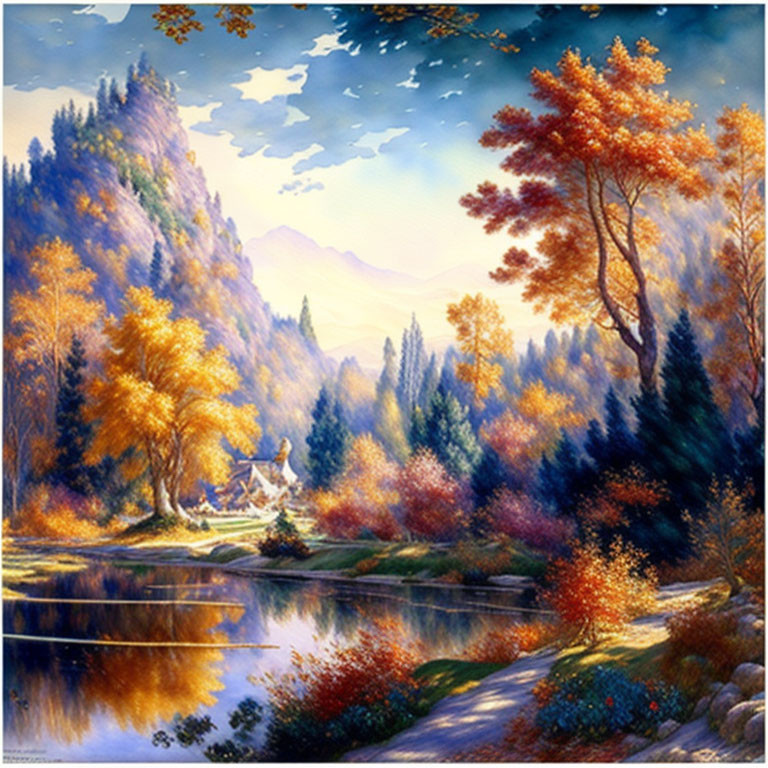 Vibrant autumn trees reflected in still lake, surrounded by forested mountains.