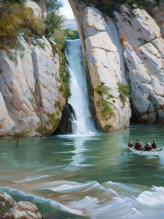 Tranquil waterfall painting with rowboat scene