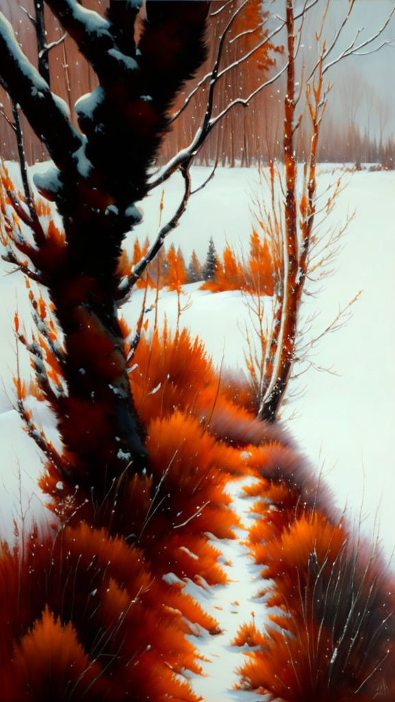 Winter landscape with orange foliage, snowy trees, and dark trunk contrast.