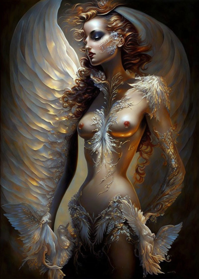 Ethereal figure with angelic wings and golden adornments on dark background