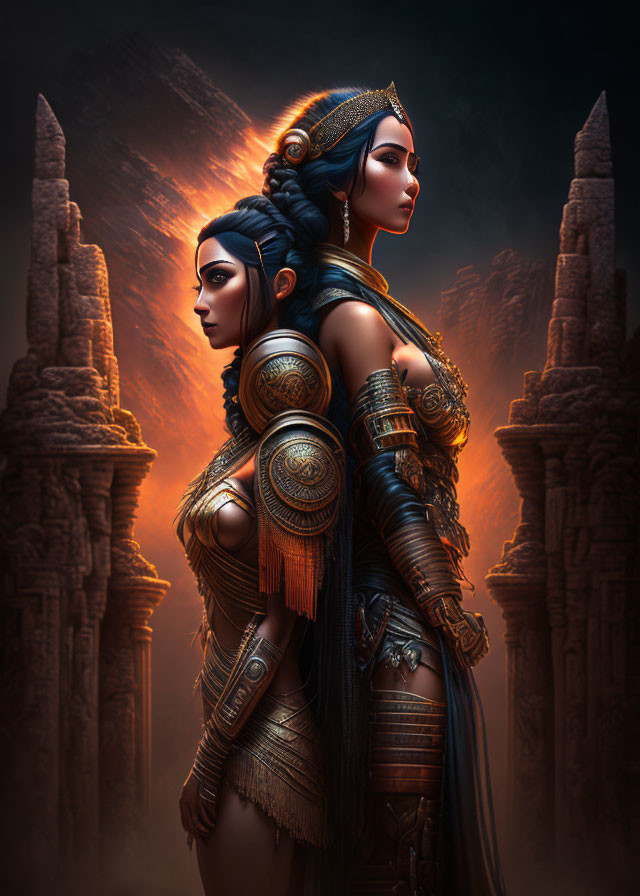 Two female warriors in elaborate armor at ancient temple - strength and mystery