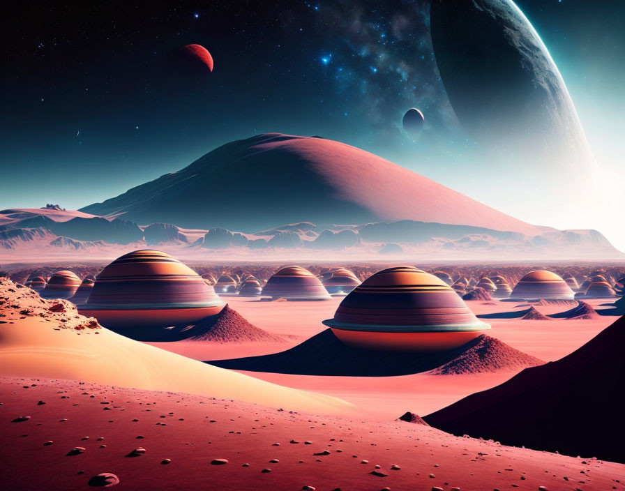 Alien landscape with dome structures under multiple moons