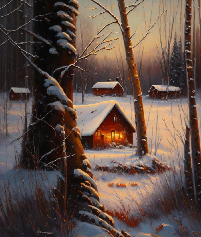 Snowy forest cabin illuminated with golden light at dusk