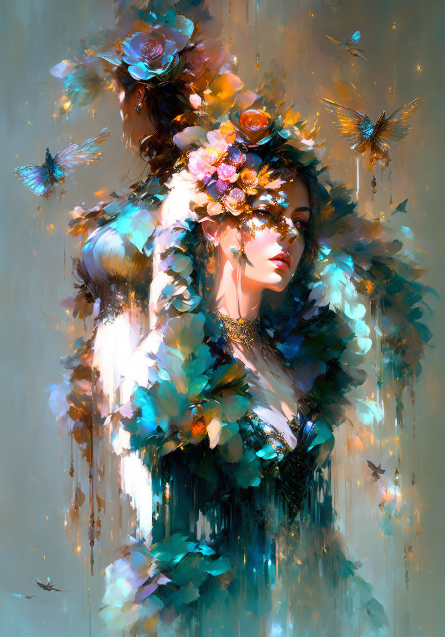 Stylized portrait of woman with flowers, feathers, and butterflies in dreamy atmosphere