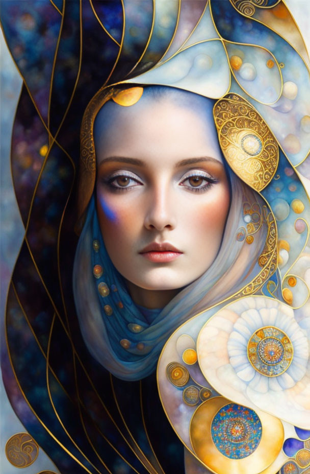 Surreal painting of woman with gold and blue celestial patterns